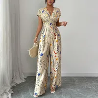 Spring and Summer Women's European and American Classic Elegant Fresh Flower Print Short Sleeve High Waist Straight Leg Jumpsuit