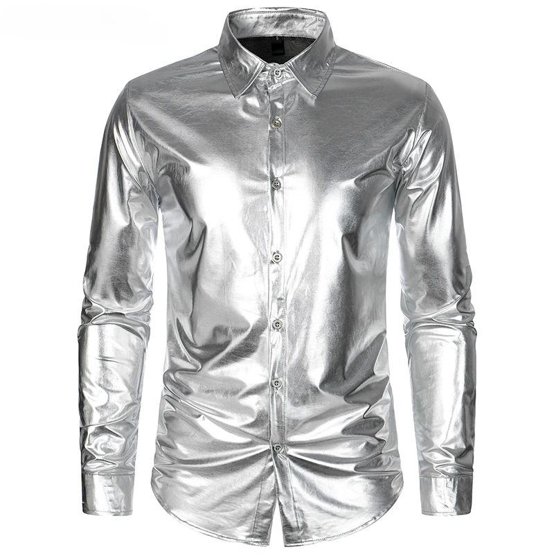 

Shiny Silver Metallic Disco Shiny 2023 New 70's Party Halloween Costume Chemise Homme Stage Performance Shirts