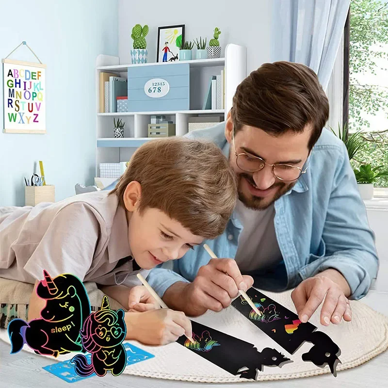 12pcs DIY Cartoon Bookmark Handwriting Scratch Painting Creative Colorful Scratch Paper Children's Painting Art Supplies
