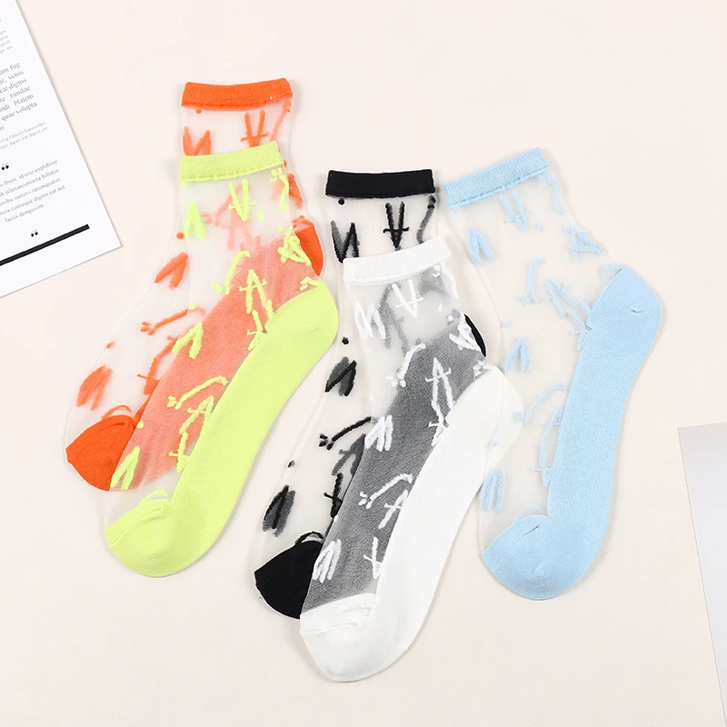 

Dong Ai 1 Pairs Summer Women Ultrathin Transparent Socks Harajuku Letter Crystal Sock Breathable Glass Silk Thin Sox