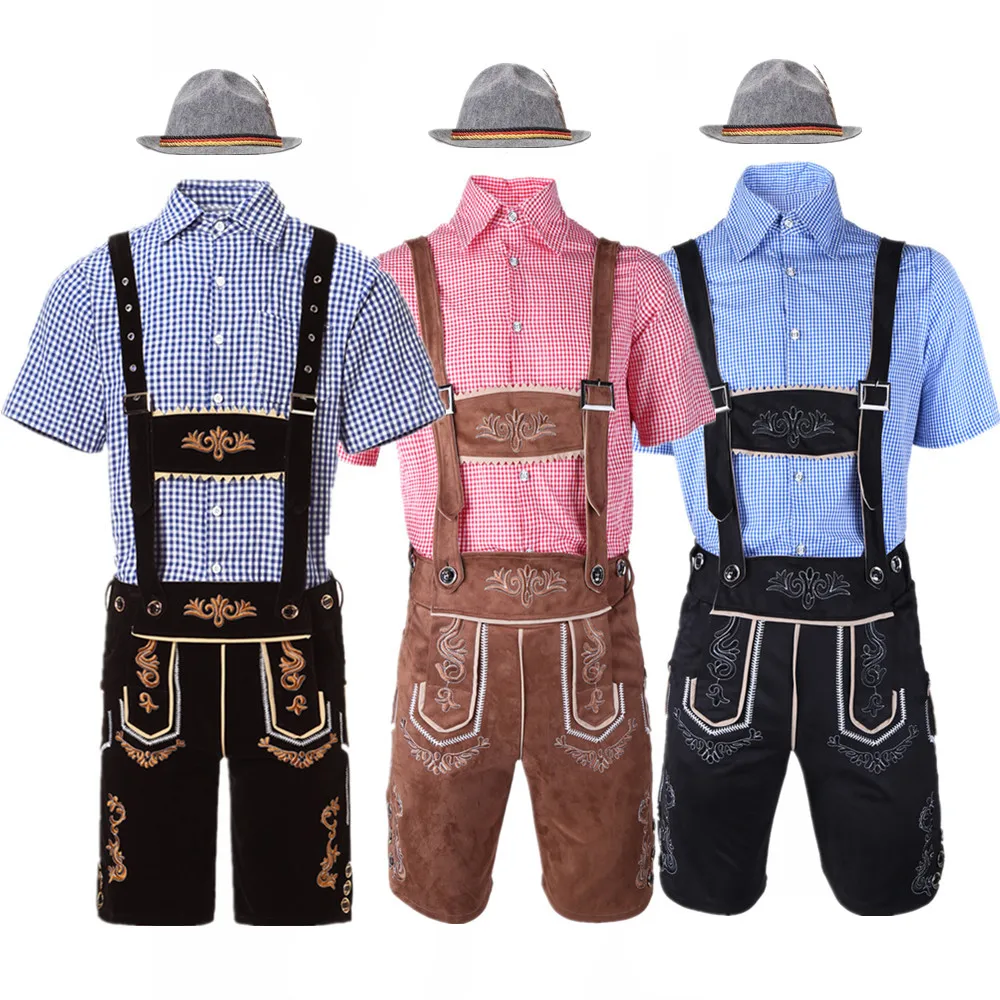 Men Festival Costume Set German Oktoberfest Lederhosen Short Sleeve Plaid Shirt Suspenders Hat Beer Festival Cosplay Halloween