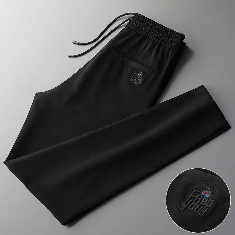 

New Embroidered Ice Silk Casual Pants for Men's Ultra Thin Sports Pants Trend Versatile Breathable Straight Leg Pants