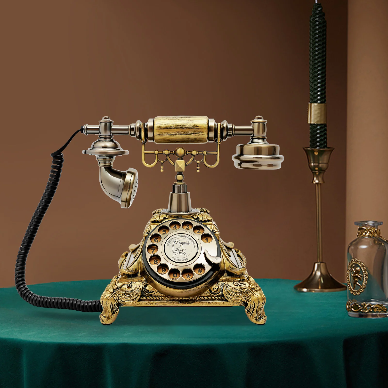 Gold Antique Telephone Desk Phone European Style Old Fashioned Rotary Dial Phone Vintage Handset Old Telephone for Homes, Office