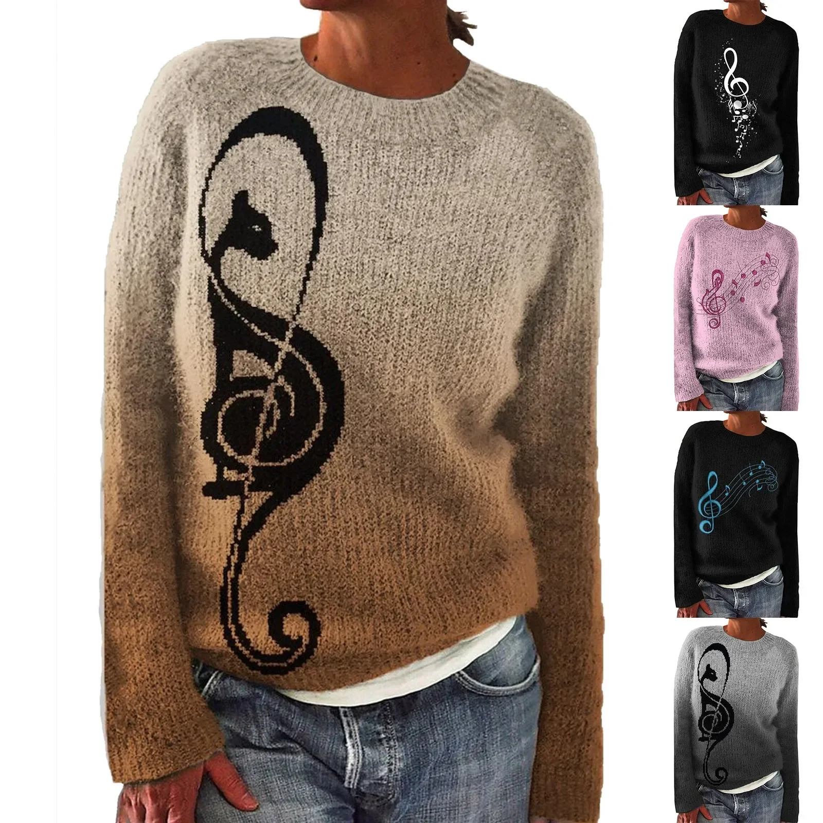 New Fashion Women Music Print Off Shoulder Long Sleeve 3D Graphic Print Sweatshirt Oversized Long Sleeve Crew Neck Pullover Top