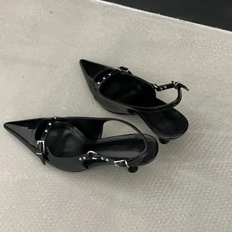 Fashion Slingback Sandals Women Med Heels Pumps Rivet Shoes Elegant Pointed Toe Female Mules Dress Slides Denim Sandalias women sandals,women high heels