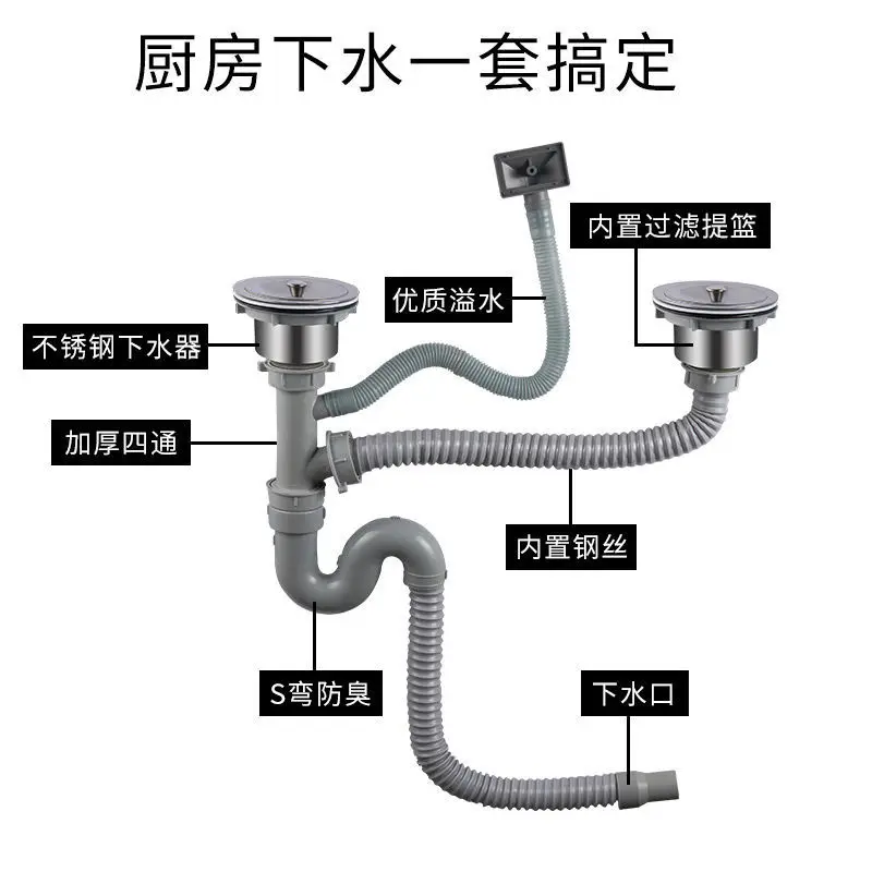 Kitchen Sink Drain Hose Set Double Head Double Filter Anti-odour Stop Valve for Washbasin Bathroom Kitchen sink filter,kitchen sink filter,sink strainer,kitchen sink strainer