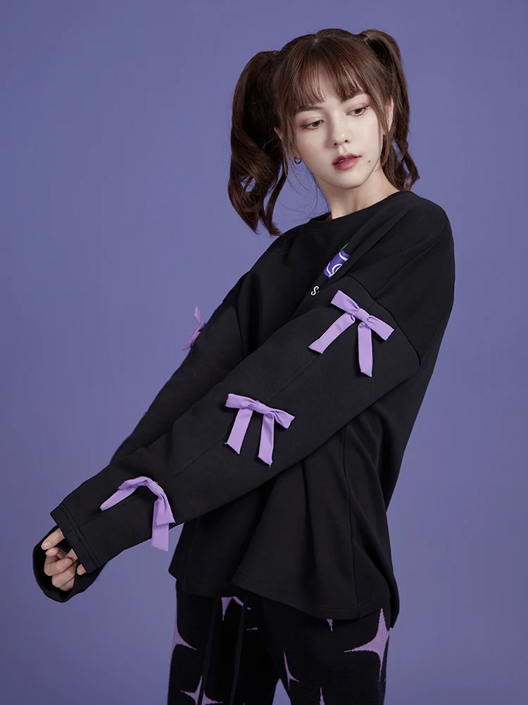Purple And Black Hooded Three-Dimensional Bow Rose Print Long Sleeve Loose Sweatshirt Sweet Cool Top Pullovers Oversized Hoodies