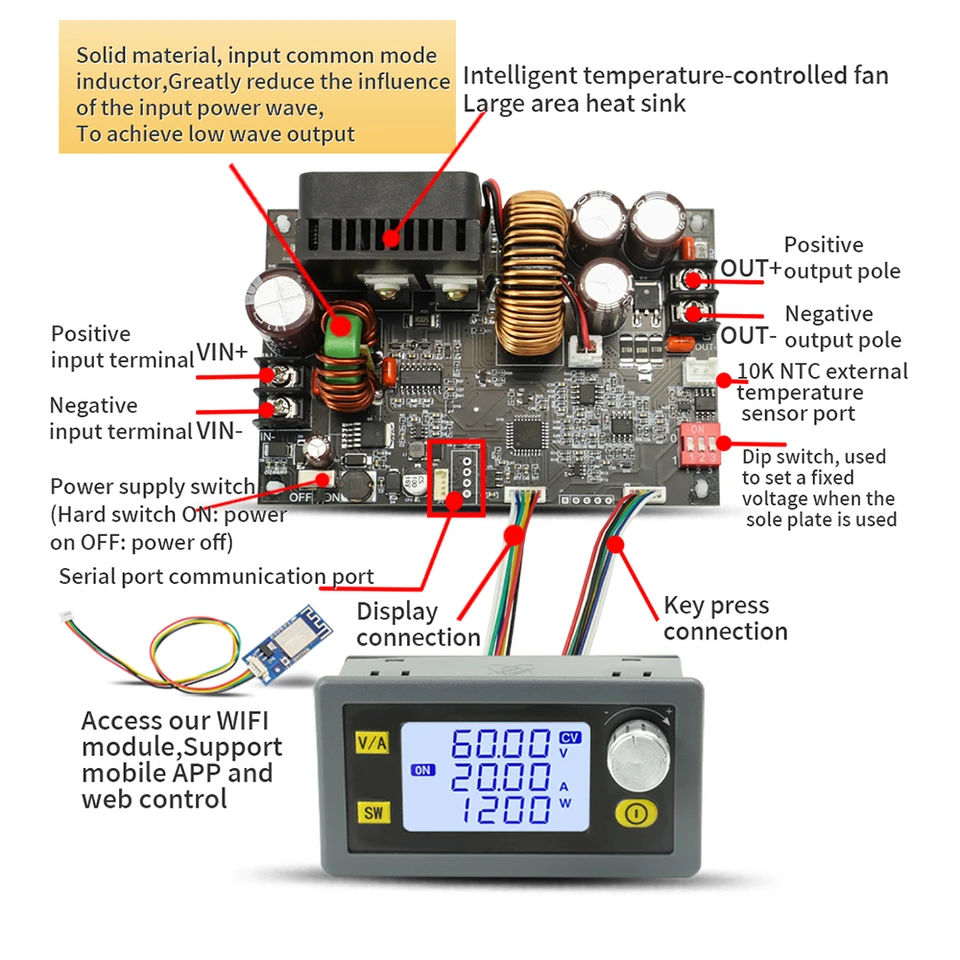 Alimentatore Regolatore DC Regolabile CNC 6.0-55V Ingresso / 0-50V Uscita 0-8.1A 400W - Con Display LCD, Alimentatore Da Banco Portatile