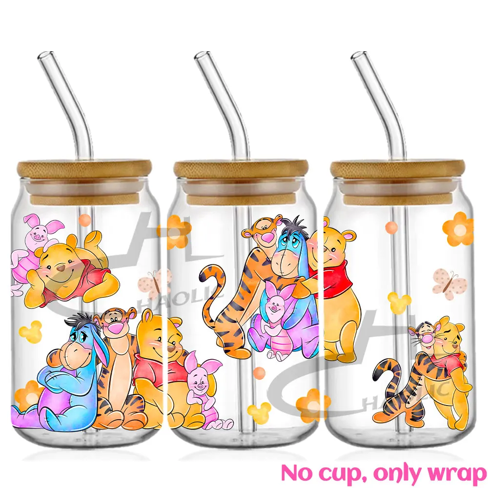Cute Winnie UV DTF Cup Wrap 16oz Libbey Glass Can DIY Sticker Self-adhesive Washable Transfer Stickers