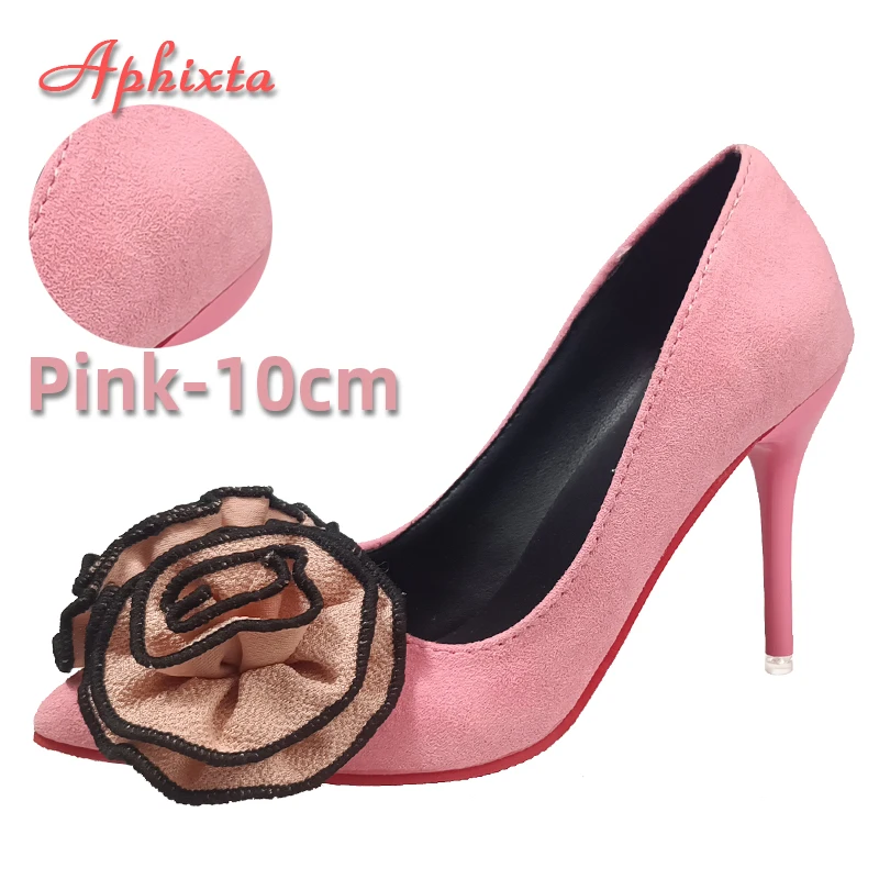 Aphixta Pink Purple Red Rose Flowers 3.94inch Stiletto Heels Pumps Women Flock Office Casual Shoes Heels Big Size 50