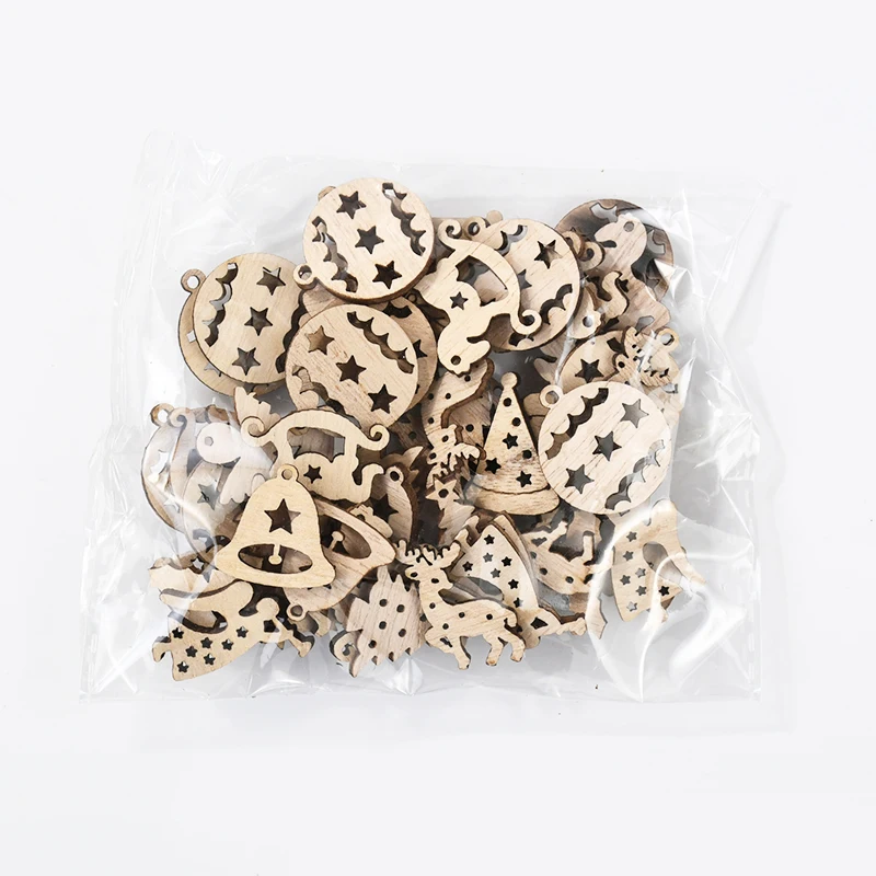 50Pcs Christmas Wooden Ornaments Unfinished Wood Slices Chip Christmas Tree Hanging Pendant Noel Home Decoration DIY Gift Craft