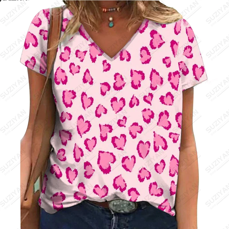 

2023 Fashion Short Sleeve V-Neck T-shirt Temperament Casual Loose and Simple Pink 3D Printing Summer Women's Short Sleeve Top