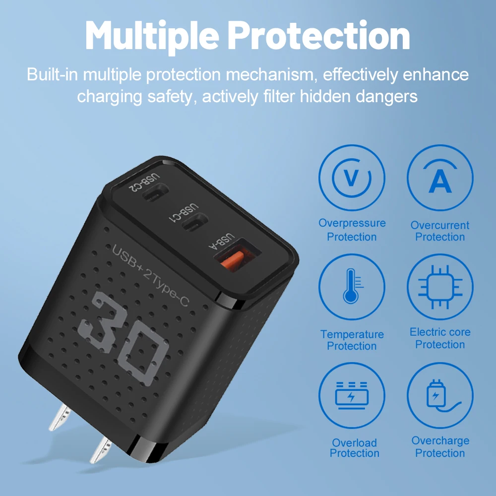 30W Dual PD USB Type C 3 Ports Super Fast Charging QC 3.0 EU/US/UK Plug Mobile Phone Adapter For iPhone 15 Xiaomi Samsung Huawei