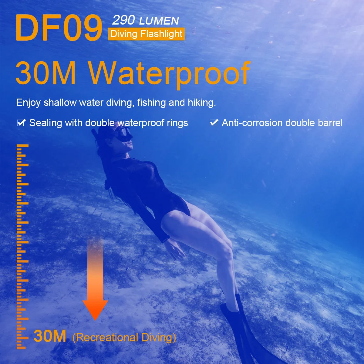SecurityIng DF09 290 Lumen Underwater 30M Diving Flashlight for Diving / Outdoor / Camping, Dive Light