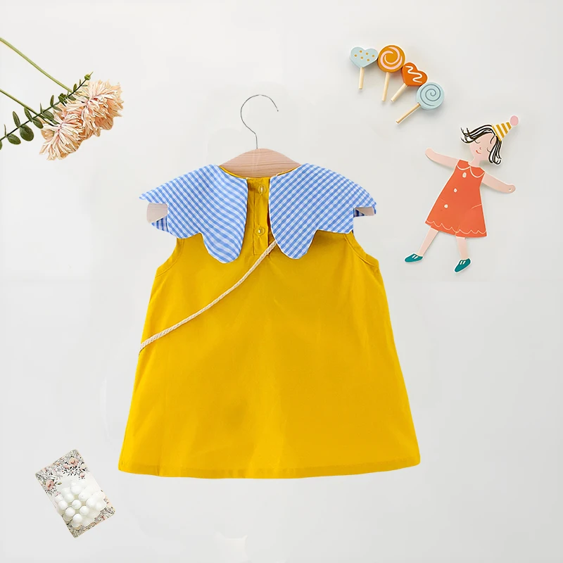 Summer Baby Girl Dress+Bag 2 Pcs Plaid Big Collar Solid Color Dress Cute Loose Cotton Comfortable Sleeveless Dress girls dress baby girl dress