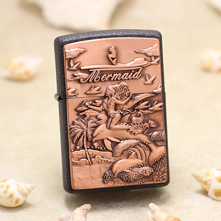 

Подлинная Зажигалка Zippo, медная ветрозащитная зажигалка с дельфином, Русалка, керосиновая зажигалка, подарок с кодом защиты от подделки