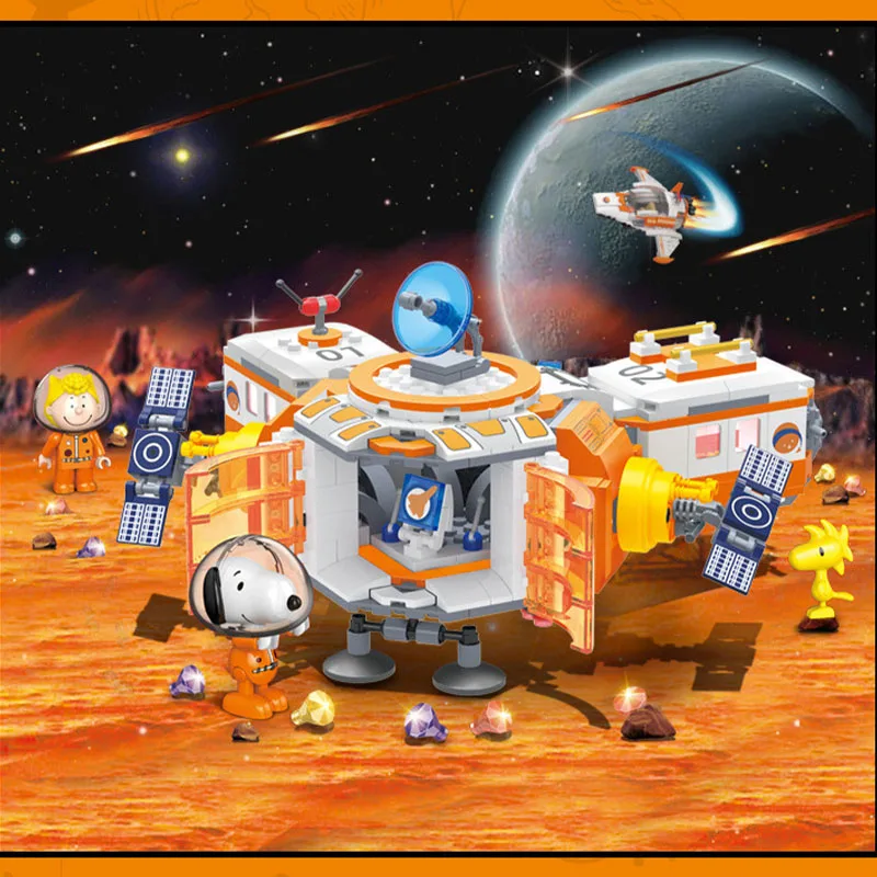 

Snoopy Woodstock Kawaii New Landing Mars Building Blocks Plastic Assembled Toys Compatible with Particle Rocket Space