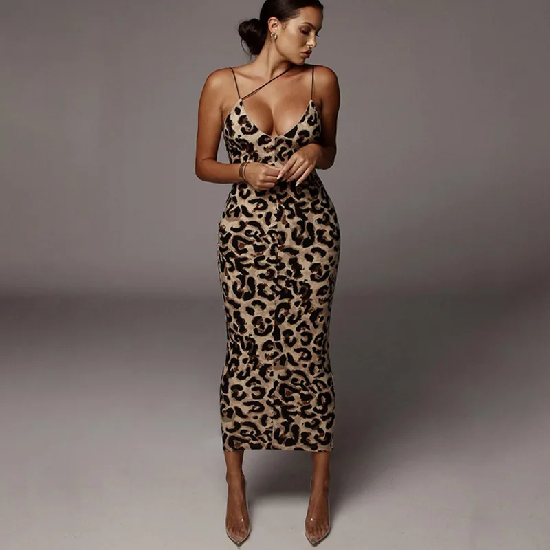 

Summer New Fashion Leisure Urban Leisure Women's Leopard Stripe Strap Backless Sleeveless V-Neck Party Nightclub Dress Y2k