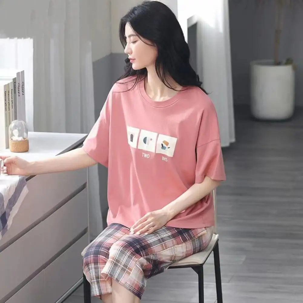 Lady Night Clothes Chic Soft Women Pajamas Set Two Pieces Set T-shirt Pants Mid Waist Summer Pajamas Women Garment