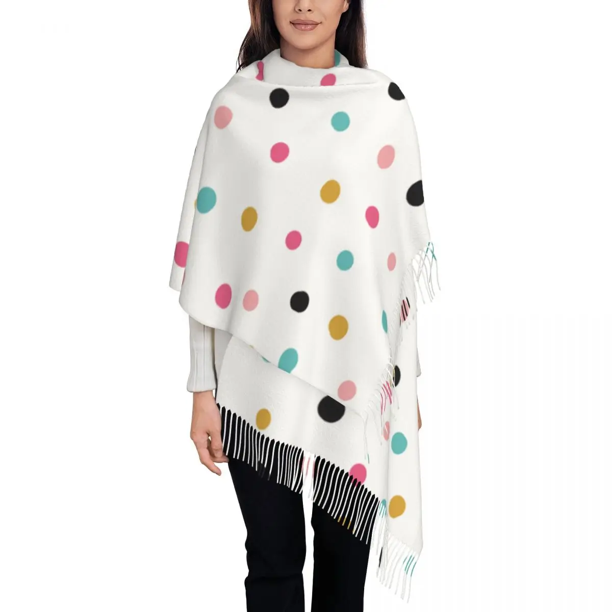 

Colorful Polka Dots Abstract Multicolored Shawl Wraps for Women Winter Warm Large Soft Scarf Pashmina Tassel Scarves