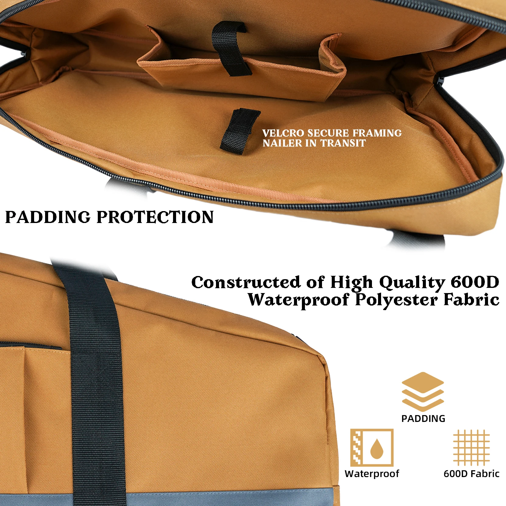 KUNN Framing Nailer Gun Bag Adjustable Shoulder Strap Dual Lockable Zipper Extra pockets for Hitachi NR83A,NuMax SFR2190