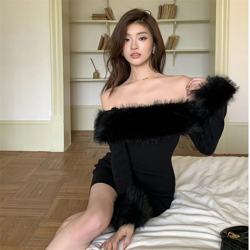 Ezgaga Mini Dresses Women Furry Patchwork Slash Neck Long Sleeve Spring Fashion Slim Sexy Elegant Dress Party Female Backless 2