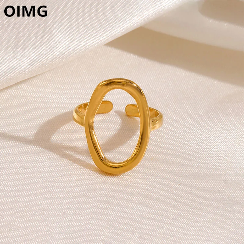 OIMG 316L 스테인레스 스틸 금도금 방수 펑크 기하학적 타원형 불규칙 개방 조절 링, 여성 소녀 액세서리