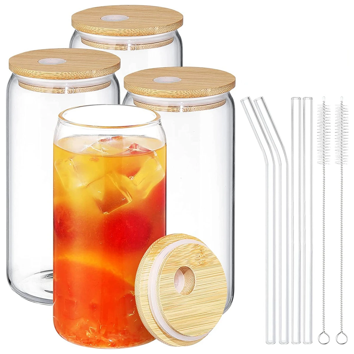 360/480ml 4Pcs Glass Cup With Lids and Straws Reusable Coke Cup