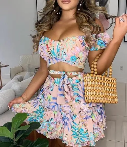 Two Piece Set Women Outfit 2024 Summer Floral Print Off Shoulder Short Sleeved Lace Up Crop Top & Casual High Waist Skirt Set