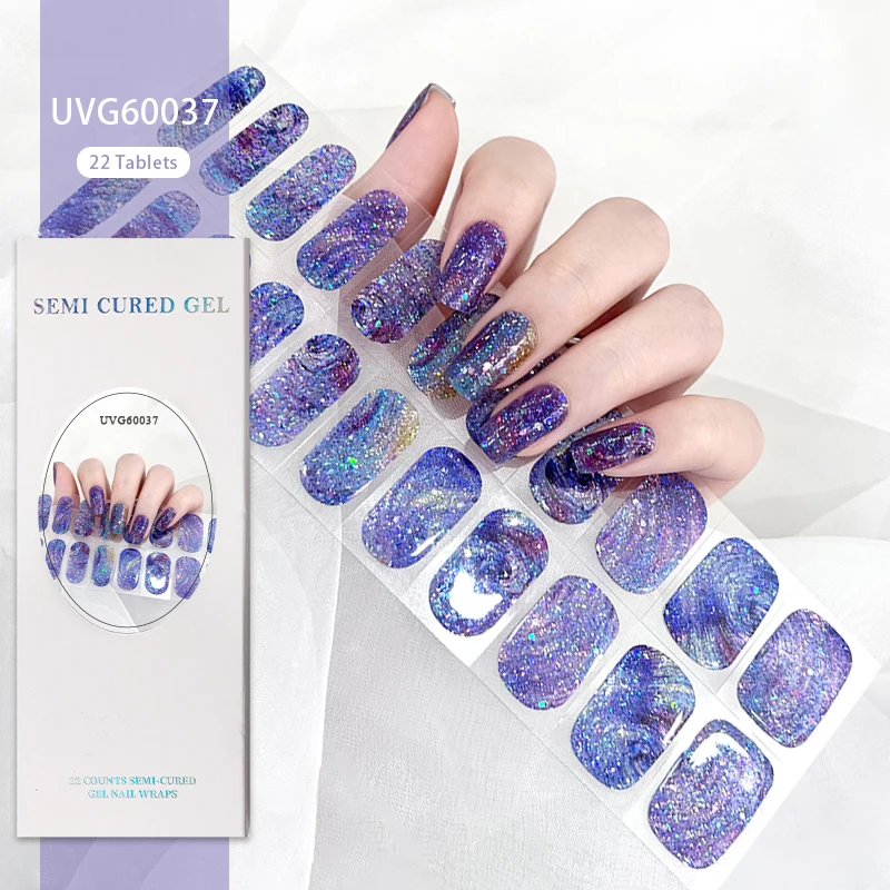 22 Strips Light Blue UV Semi-cured Gel Nail Stickers Waterproof Half Baked Full Cover  Stickers UV Lamp Required Nail Charms