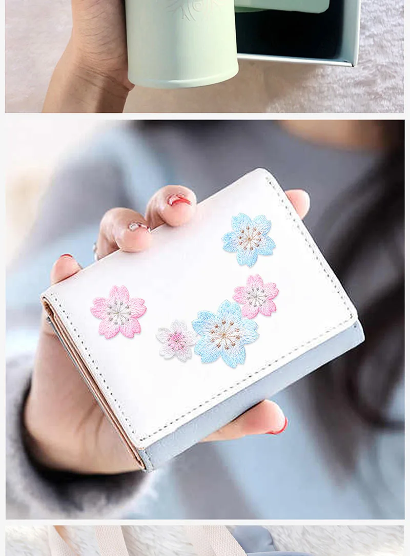 Niedliche Kirschblüten-Stickaufkleber für Kleidertaschen, Handyhüllen, DIY-Dekoration, modische selbstklebende Aufnäher – Detail 5