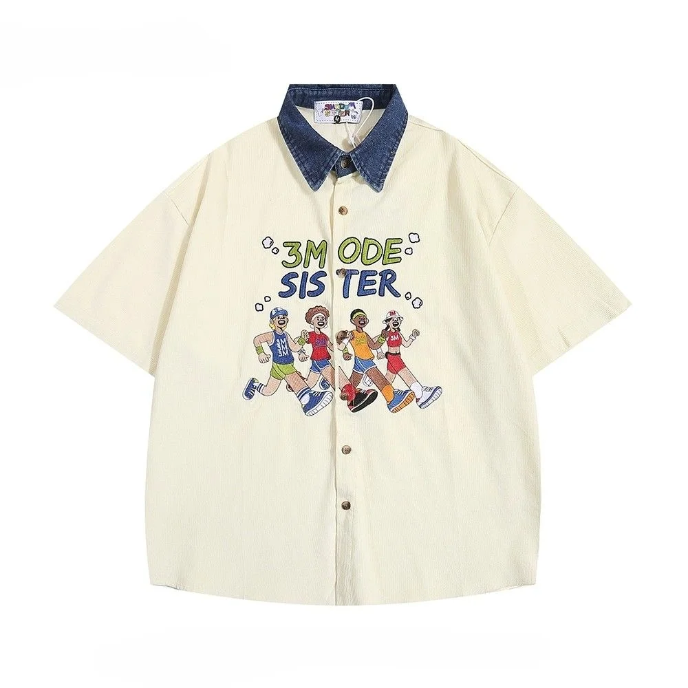 Men Women American Retro Athlete Embroidery Spliced Denim Collar Short-sleeved Shirts Trendy Summer Street Casual Loose Blouse