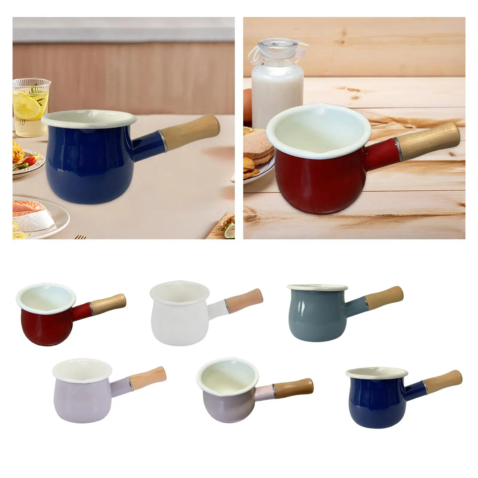 500ml Enamel Milk Pan Small Food Warmer Multifunctional Small Cooking Pot Small Enamelware Butter Warmer with Wooden Handle