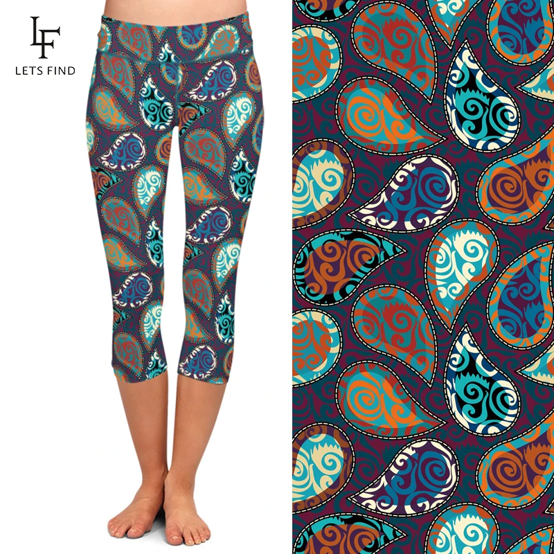 LETSFIND Summer Cashew Flowers Design Printing Capri Leggings High Waist  Mid-Calf 3/4 Stretch Women Casual Leggings