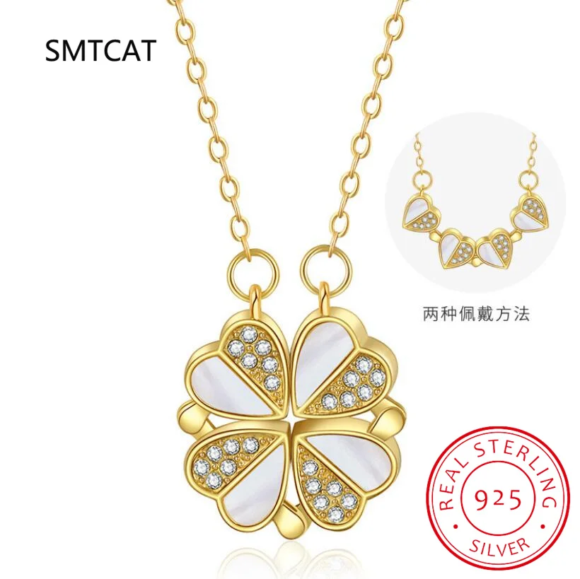 Trendy Magnetic Sterling Silver 925 Zircon Heart Four-leaf Clover Pendant Necklace Women Summer Fine Jewelry Birthday Gift pendant necklace silver necklace silver pendant