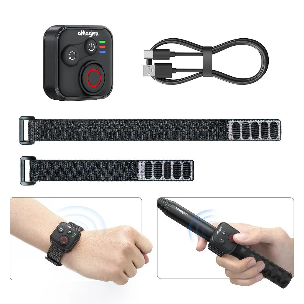 Télécommande Bluetooth universelle pour caméras d'action 360° et smartphones à côté d'une Insta360 et d'une GoPro, illustrant la compatibilité multi-appareils.