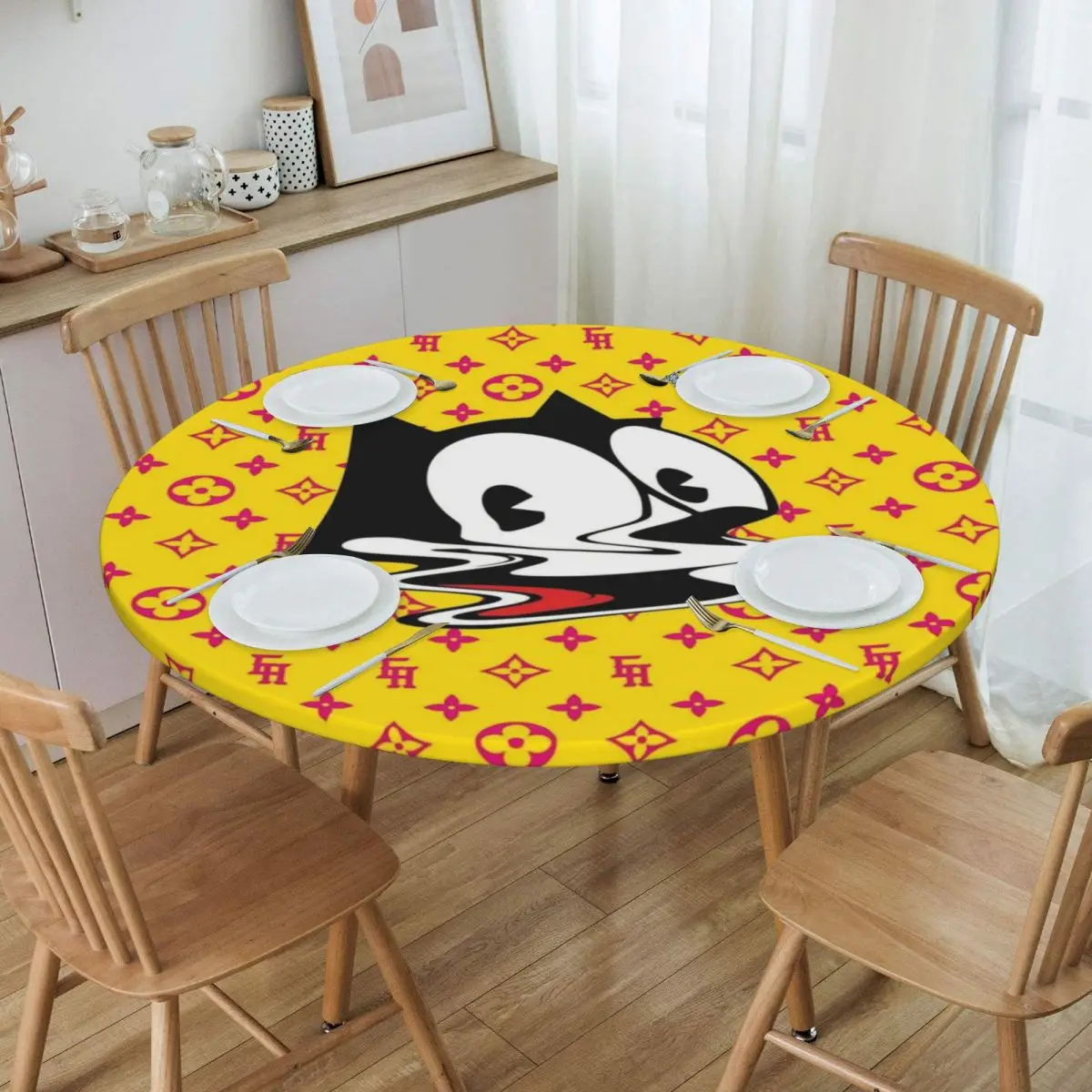 

Customized Round Disney Cartoon Felix The Cat Tablecloth Fit 45"-50" Elastic Edge Table Cloth Anime Table Covers