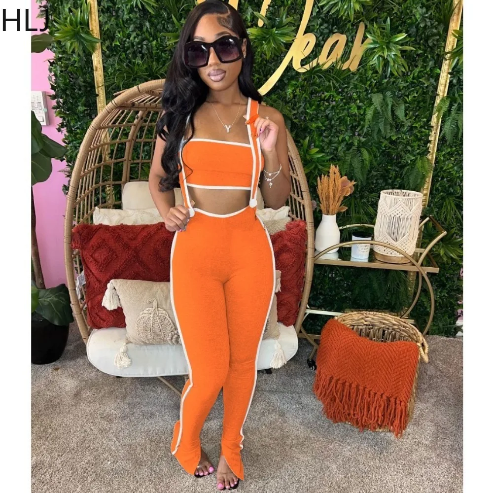 HLJ Spring New Strap Skinny Pants Two Piece Sets Women Off Shoulder Backless Tube And Pants Outfits Female 2pcs Streetwear 2024