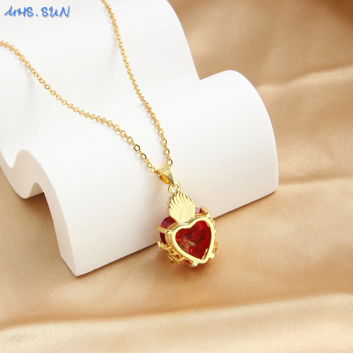 Gold Plated Sacred Heart of Jesus Cross Necklace Red