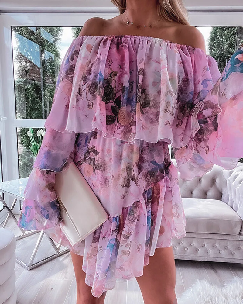 

Floral Print Bell Sleeve Layered Ruffles Mini Dress Women Strapless Sexy Flower Summer Spring High Waist Dress
