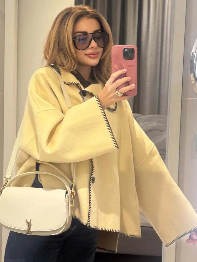 2025 Women Solid Half Turtleneck Coats Elegant Casual Single Breasted Pockets Loose Jackets New Autumn Lady Fashion Outerwear