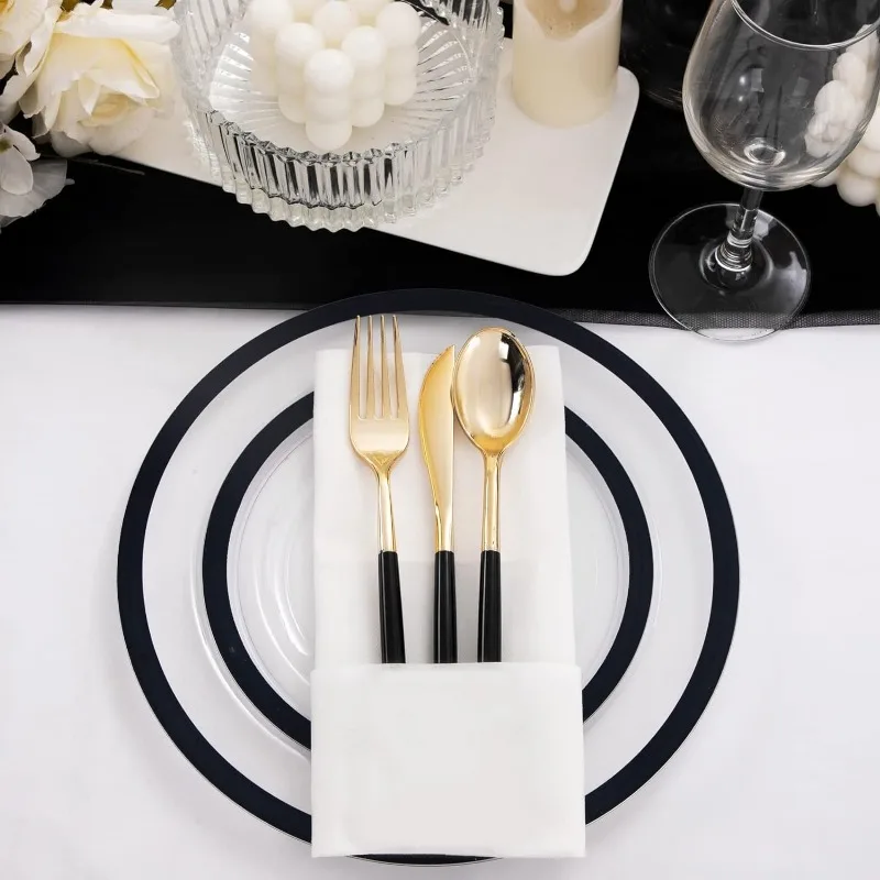120pcs Clear and Black Plastic Plates Black Plates Disposable Including 60 Dinner 10.25'' & 60 Dessert 7.5'' party tableware disposable food trays