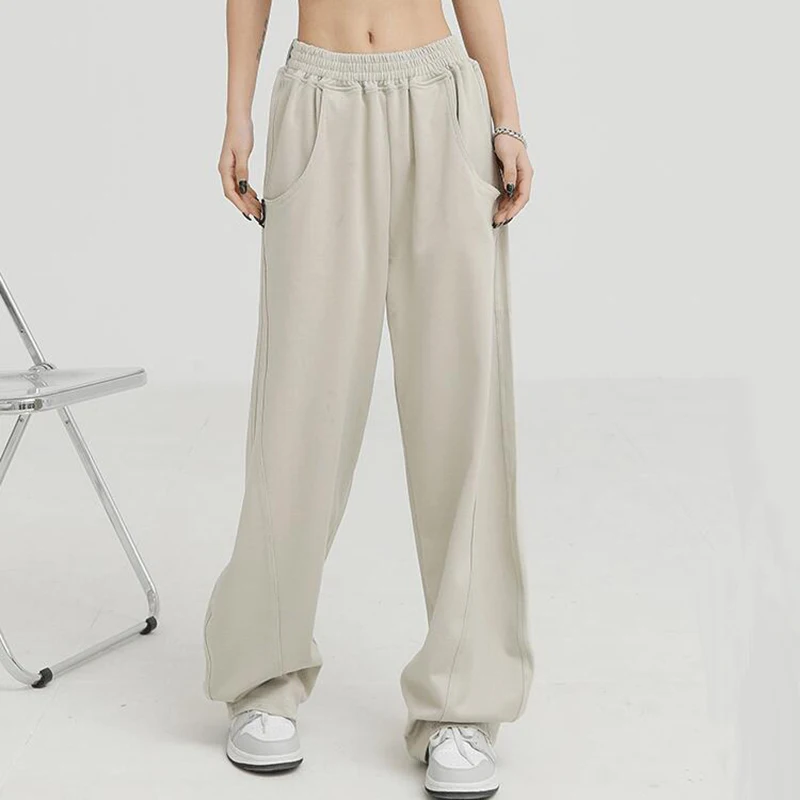

Apricot Sweatpants Women Spring Casual Elastic High Waist Wide Leg Baggy Pants Femme Fashion Hiphop Straight Pants with Pockets