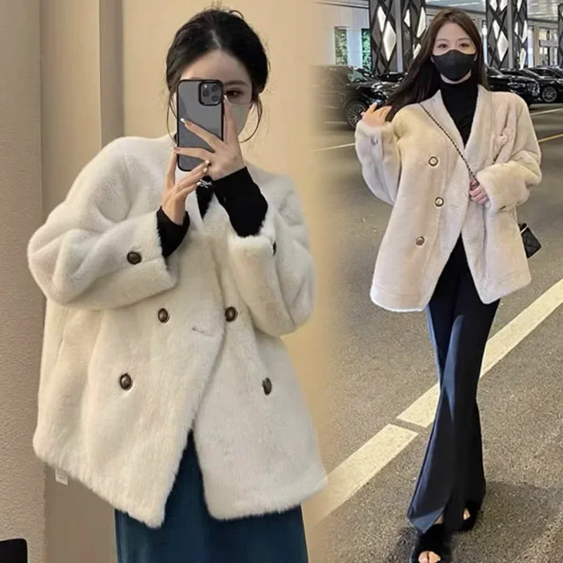 Winter Thickened Mink Fur Coat V-Neck One-Piece for Pregnant Women Soft Plush Outerwear Long Coat/Da Yi/Ma Fei Yi