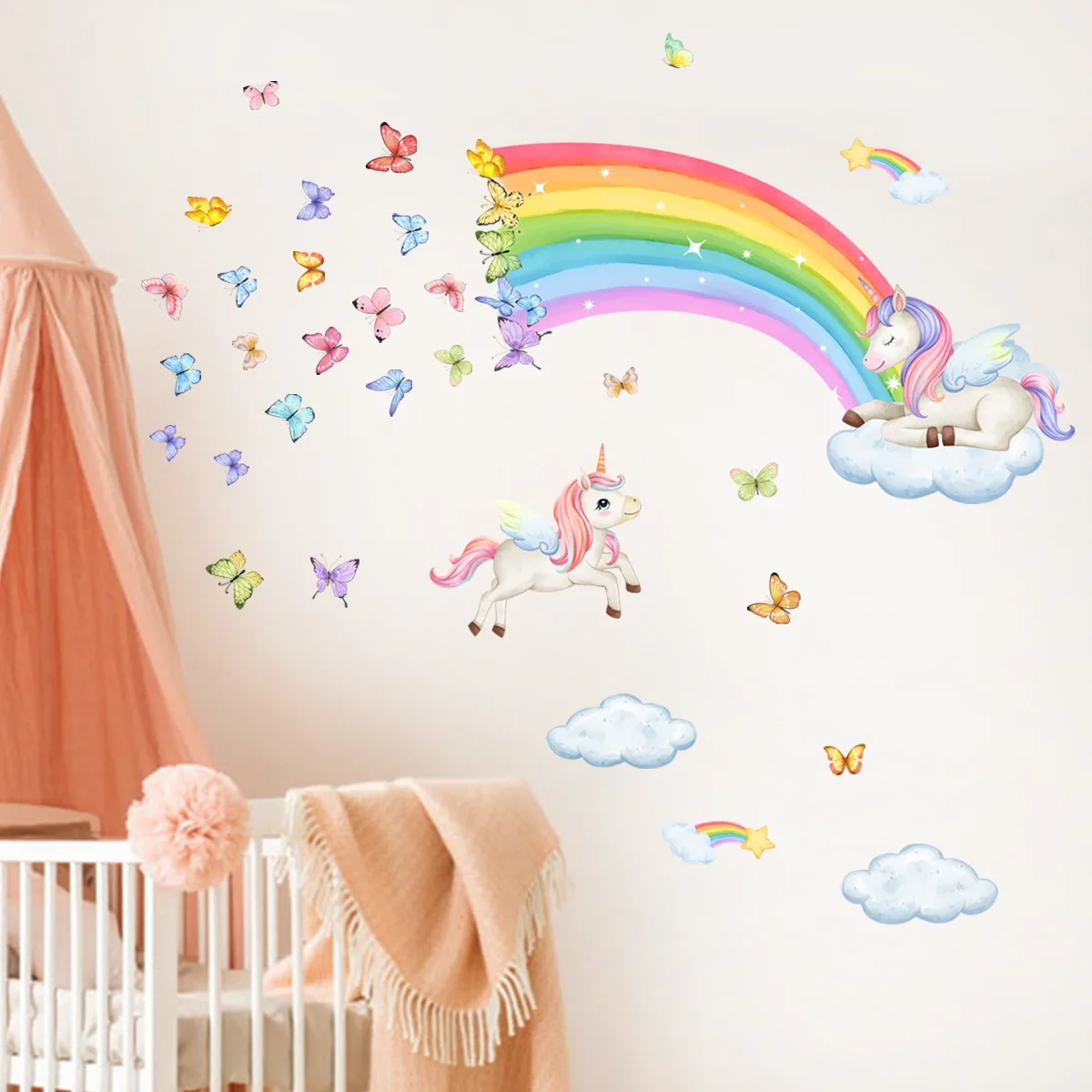 2PCS Stickers Muraux Arc-en-ciel Colorée,Sticker Mural Papillons Chambre  D'enfant/Bébé,Autocollants Mural Enfants Aquarelle, Amovible Autocollant  Muraux Arc-en-ciel pour Chambre de Filles Décoration 