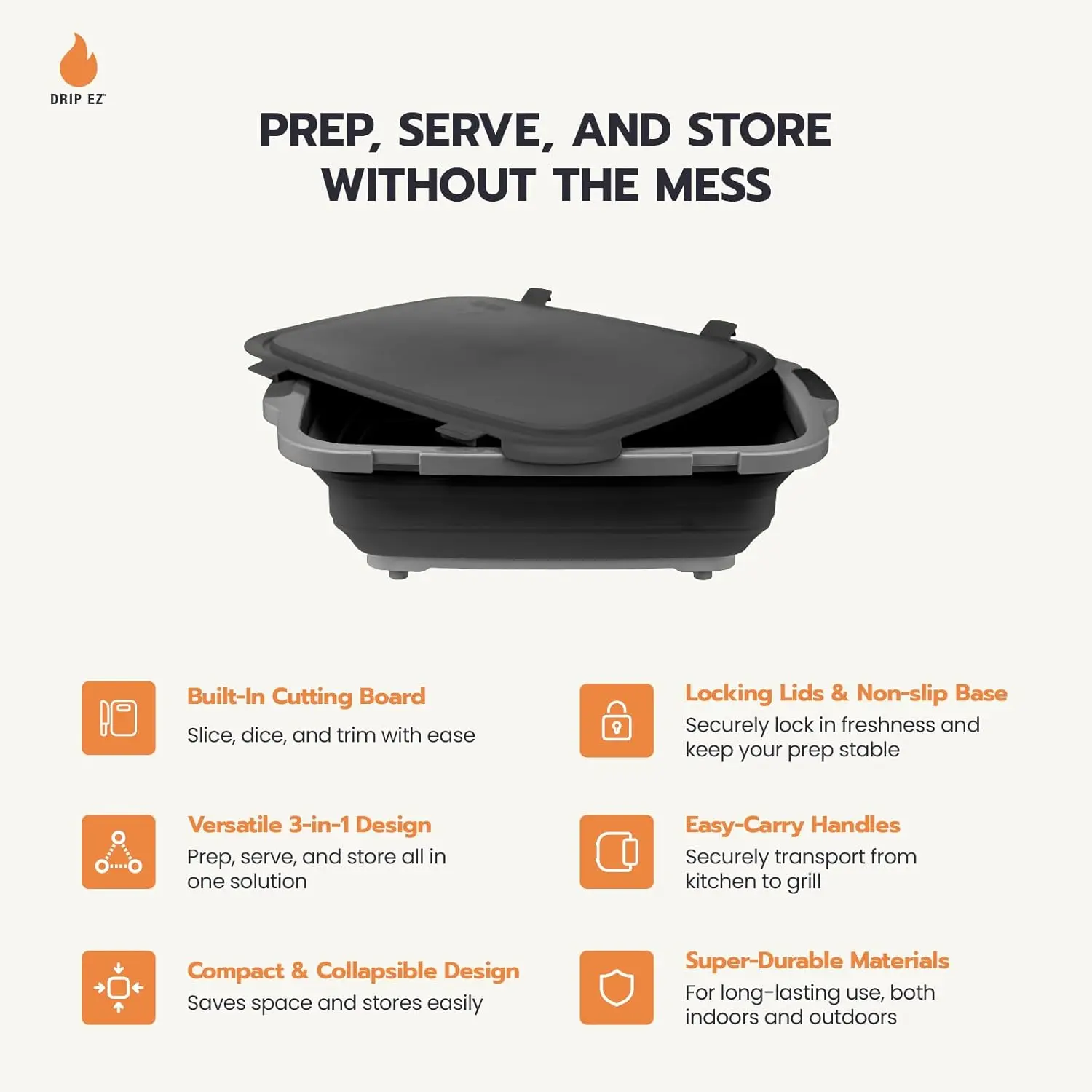 Drip EZ Collapsible BBQ Prep Tubs 3-Piece Set (V2)-For Meal Prep Marinating Food Storage-Includes Cutting Board & Lid (1)