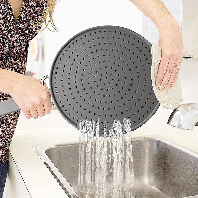 Silicone Splatter Screen Pan Cover With Handle, Heat Insulation Cooling Mat Oil Splash Guard Drain Board Kitchen Frying Pan Lid