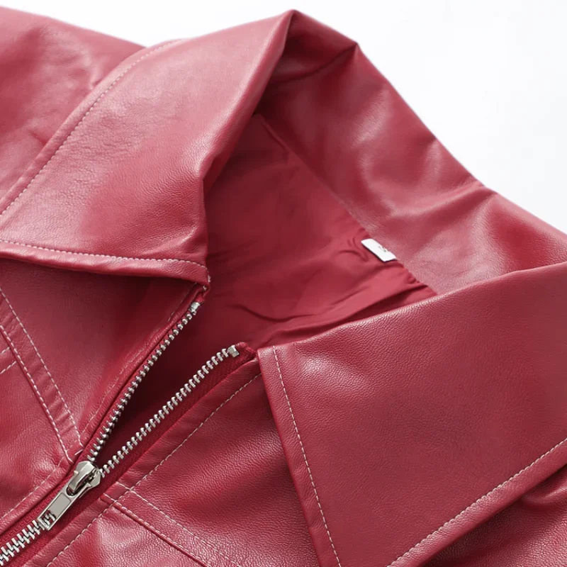 Vintage Solid Lapel Collar Zipper Women's Leather Jacket Casual Fashion Lapel Long Sleeve Coat 2024 Autumn Winter Outwear Tops