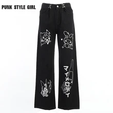 

Cartoon Print Jeans Egirl Teen Kawaii Casual Black Cargo Trouser Fairycore 2000s Cute Anime Trousers High Waist Y2k Cyber Jogger