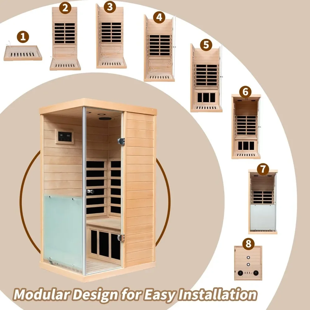 Far Infrared Sauna Room, 1 Person Sauna, 060W Indoor Sauna, 1 Bluetooth Speakers, 1 LED Reading Lamp Hemlock Wood Sauna Room 4